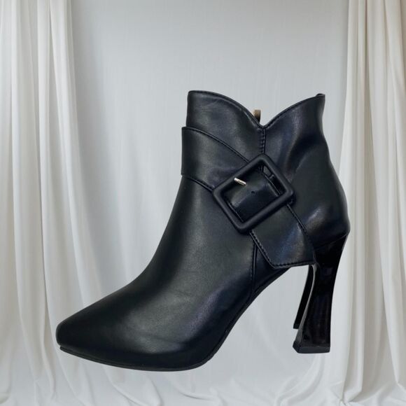 Shoes - Officesiren NIB Buckled Black Faux Leather Stiletto Ankle Boots US 10.5 EU 41